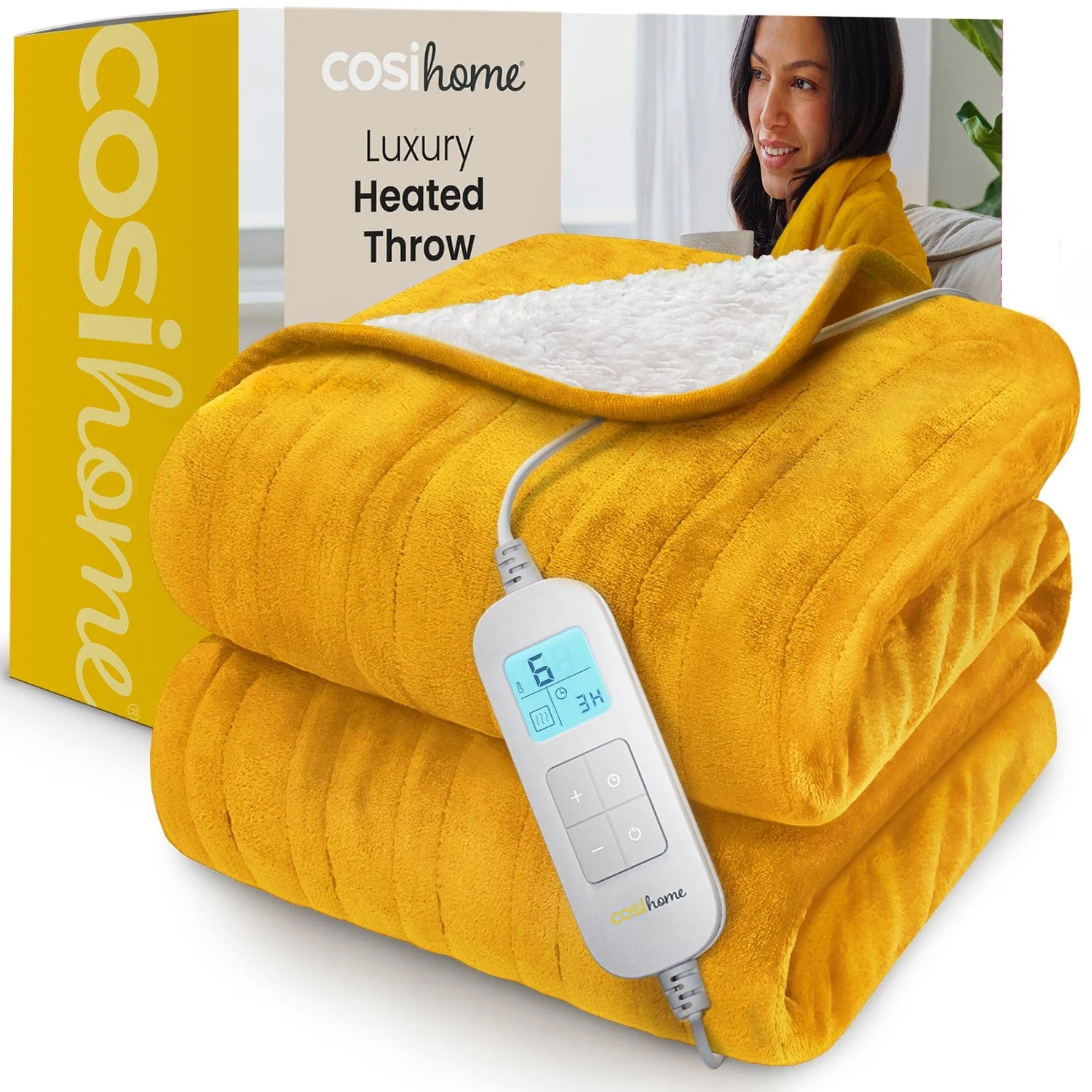 Fleece & Sherpa Electric Heated Throw - Mustard - Image 4