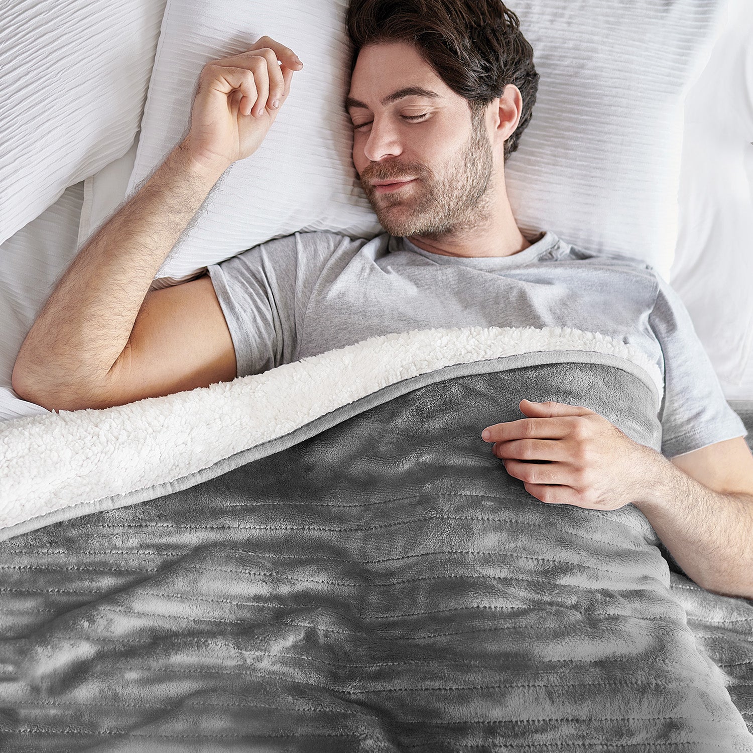 Fleece & Sherpa Electric Heated Throw - Grey - Image 7